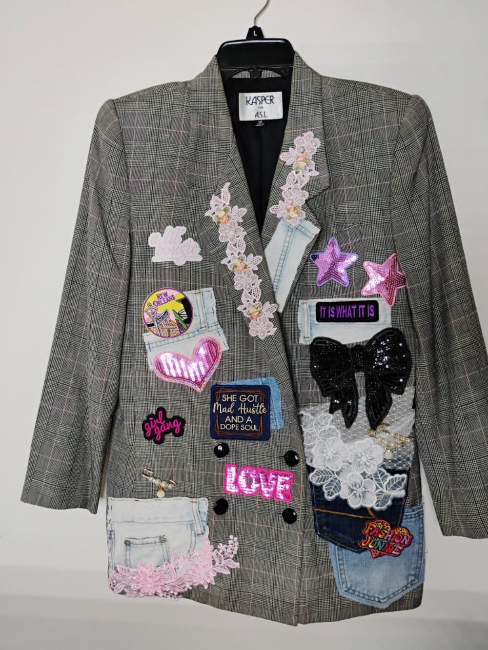 Vintage, thrifted, dry cleaned and designed size 12 with 3/4 sleeve junk blazer